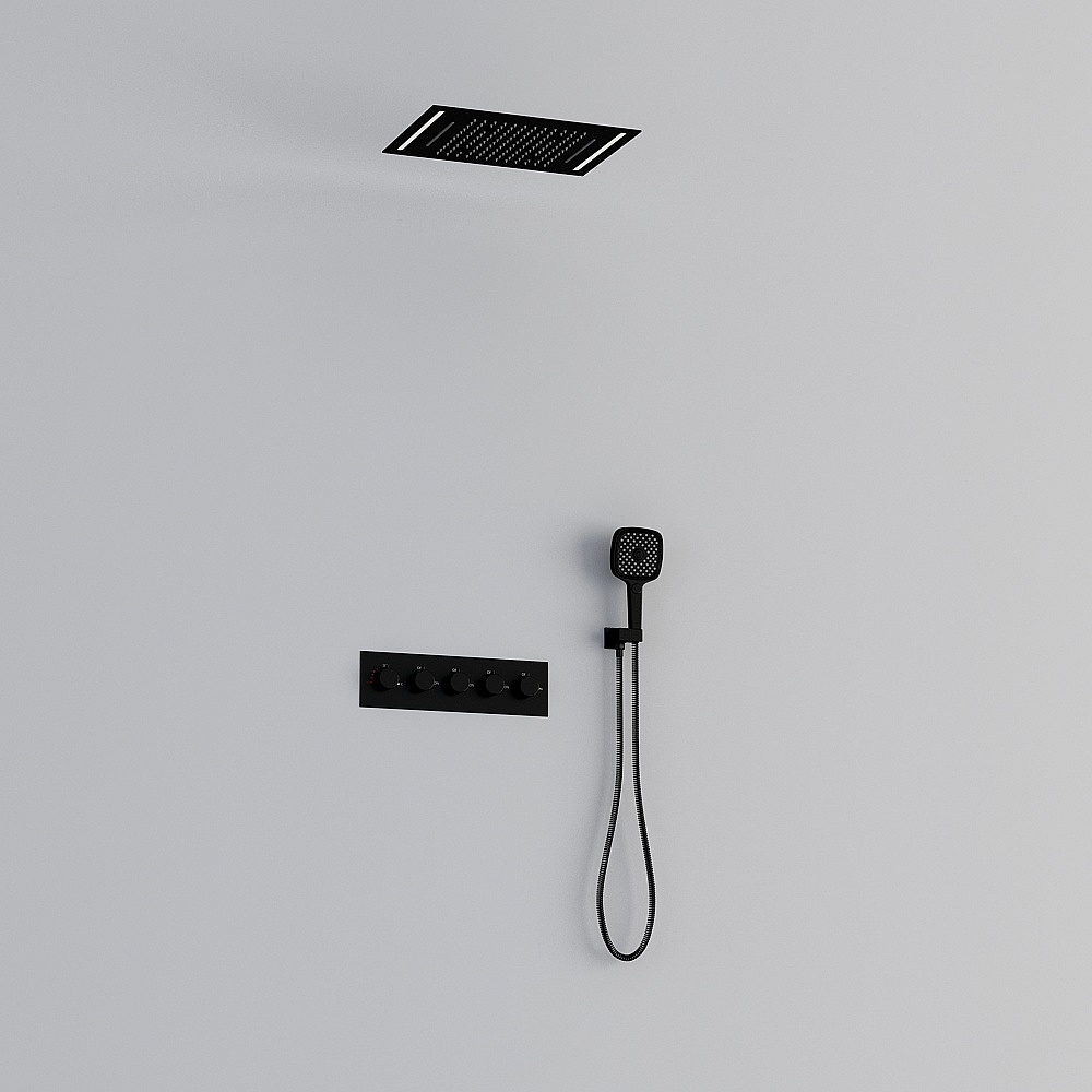 20" Ceiling Mounted Thermostatic Rainfall Shower System 4 Functions LED Light in Black