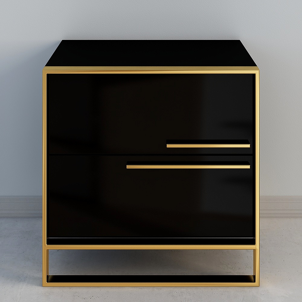 Cylina Modern 2 Drawers Black Lacquer Nightstand in Gold