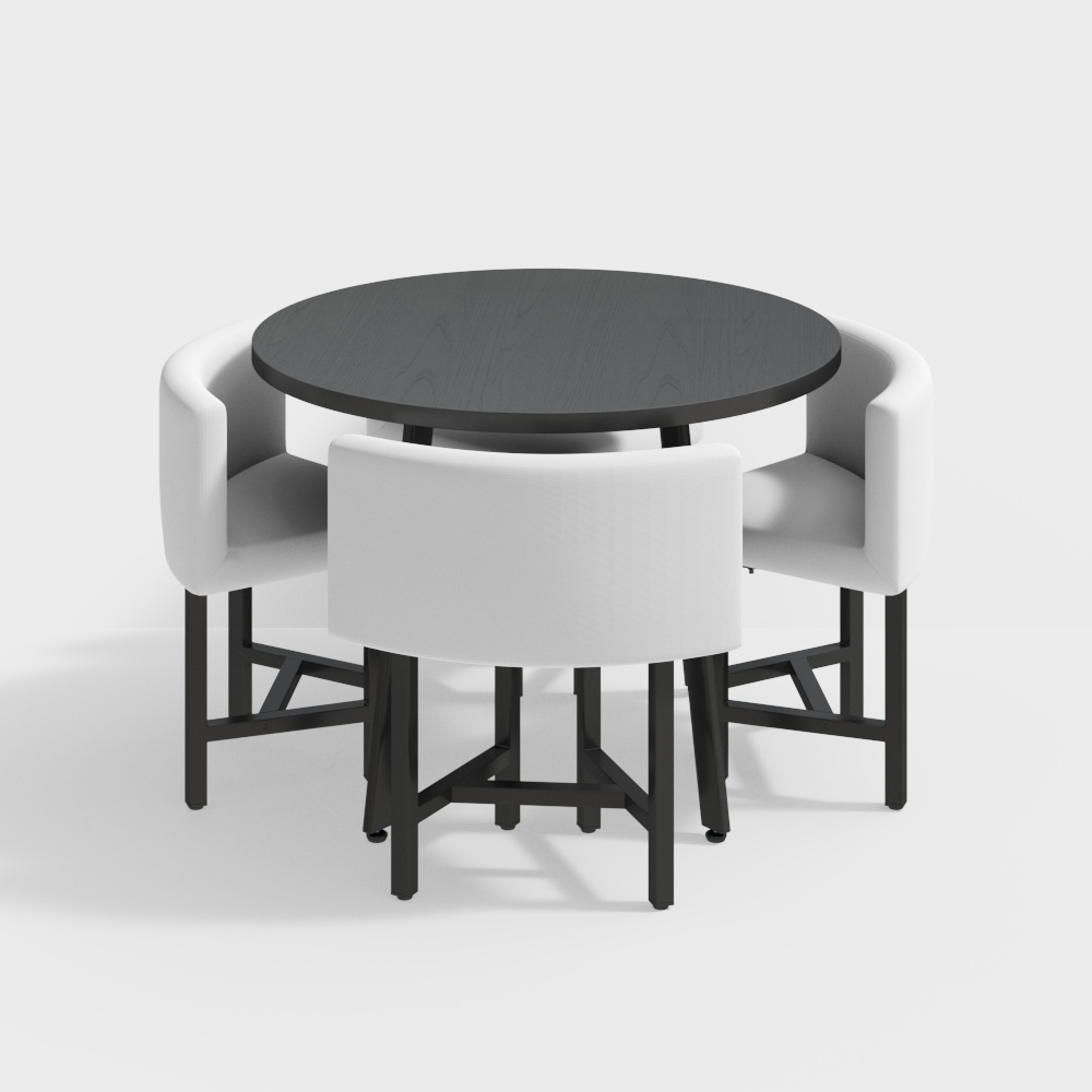 Petite table de salle à manger gigogne ronde en bois 1000 mm pour 4 chaises rembourrées blanches