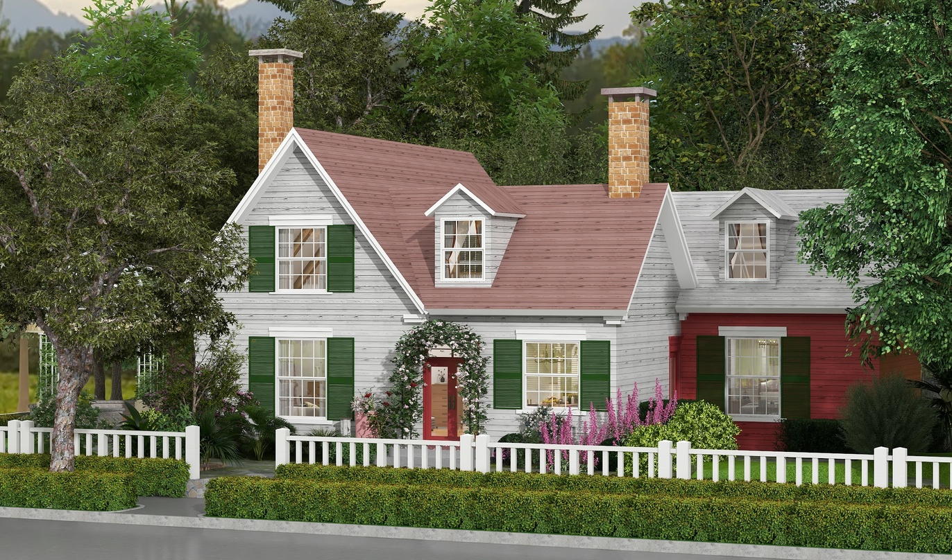 这是一幅描绘了一幢白色带红色屋顶的小房子的3D插图。小房子的前面有一片白色尖桩篱笆，篱笆内种着两棵紫薇树和一颗桂花树，树下种着一些低矮的绿色灌木和鲜艳的花朵。篱笆外则是一片绿色的草地和远处的森林。