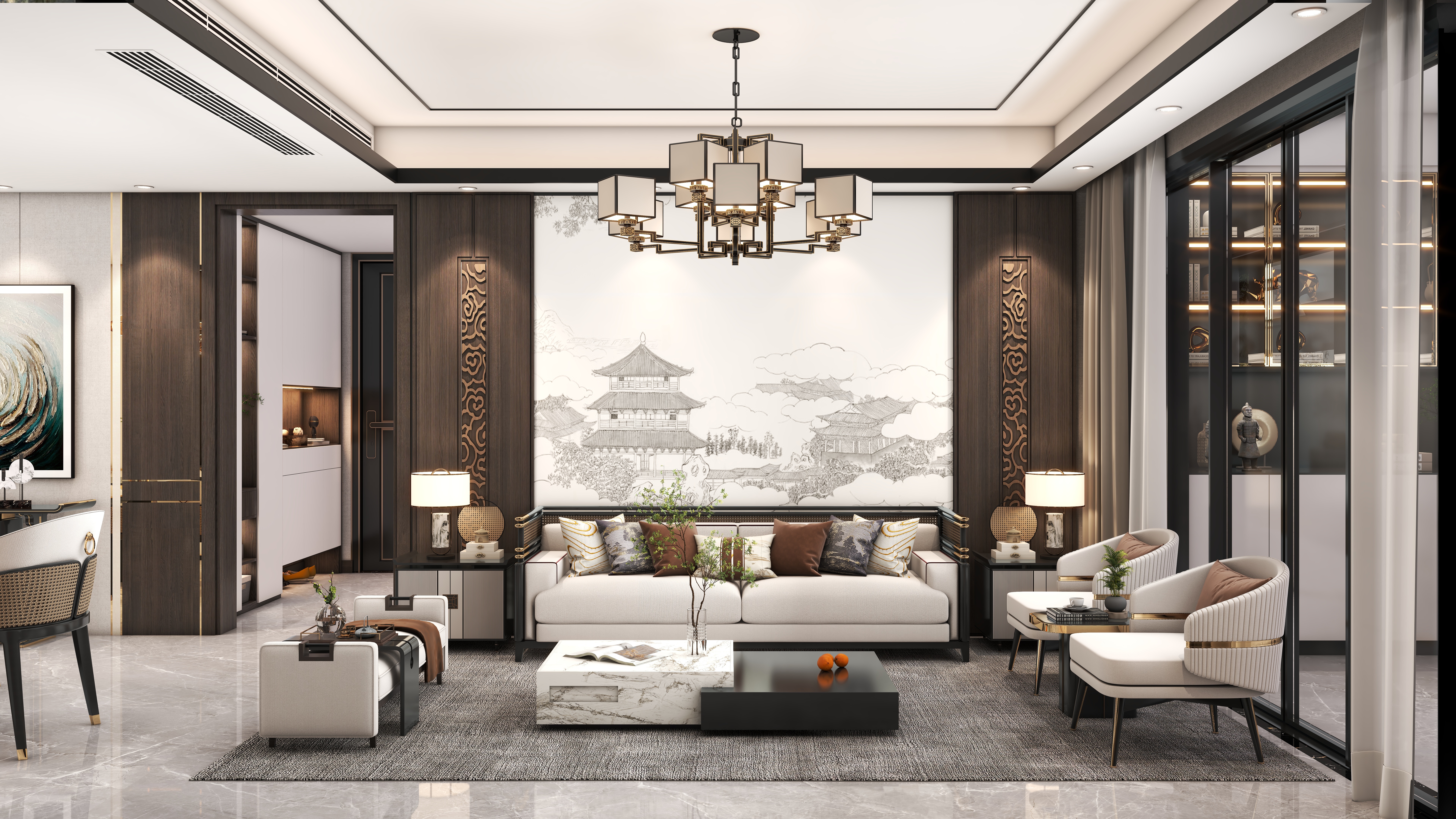 绿豆鲨看报纸-【素律·印象】120㎡新中式三室一厅-装修设计方案