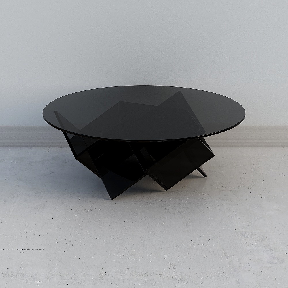Mesa de café redonda de acrílico en base abstracta negra con almacenamiento