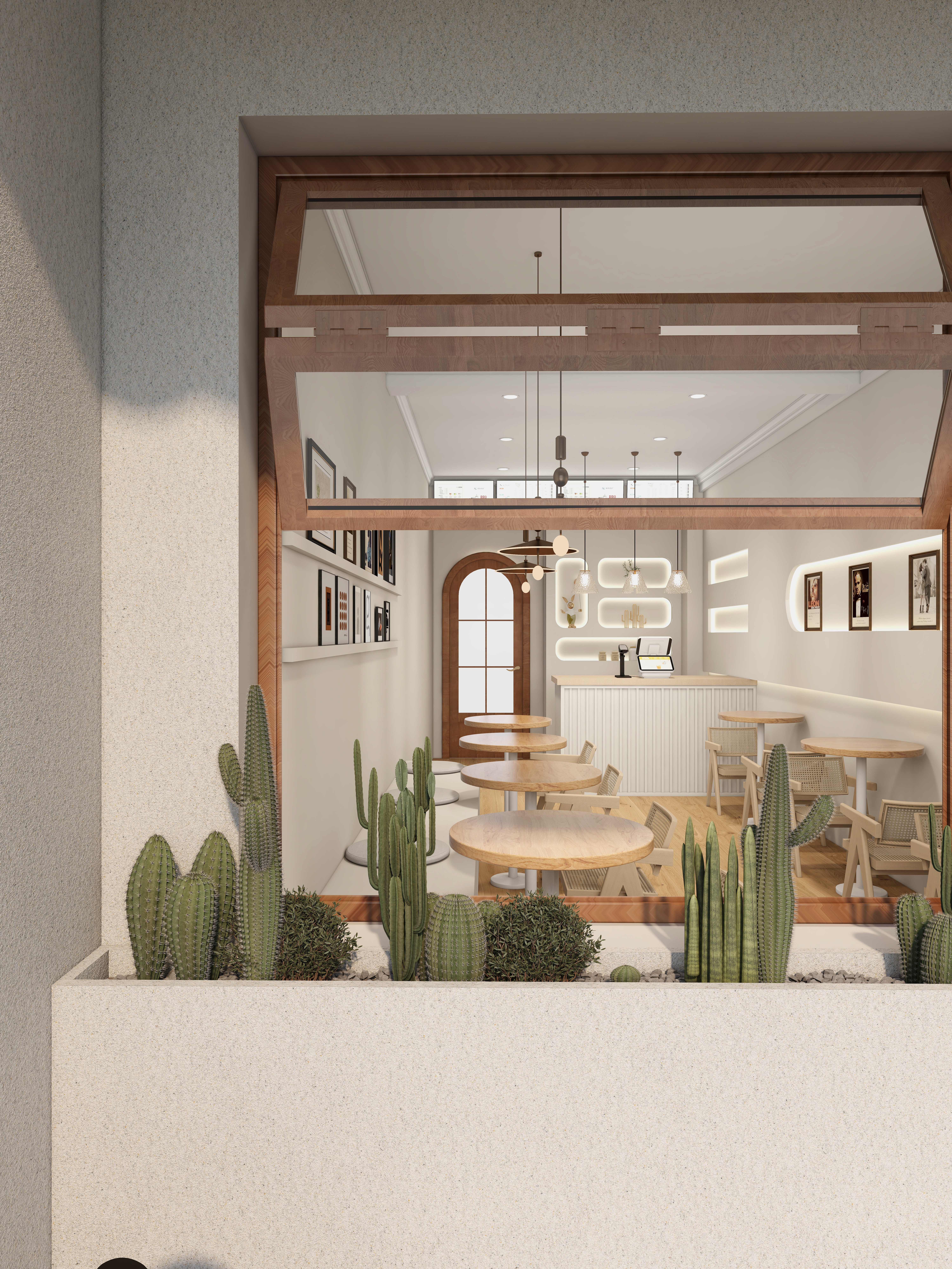 效果图全景施工图-原木奶油风奶茶店-装修设计方案