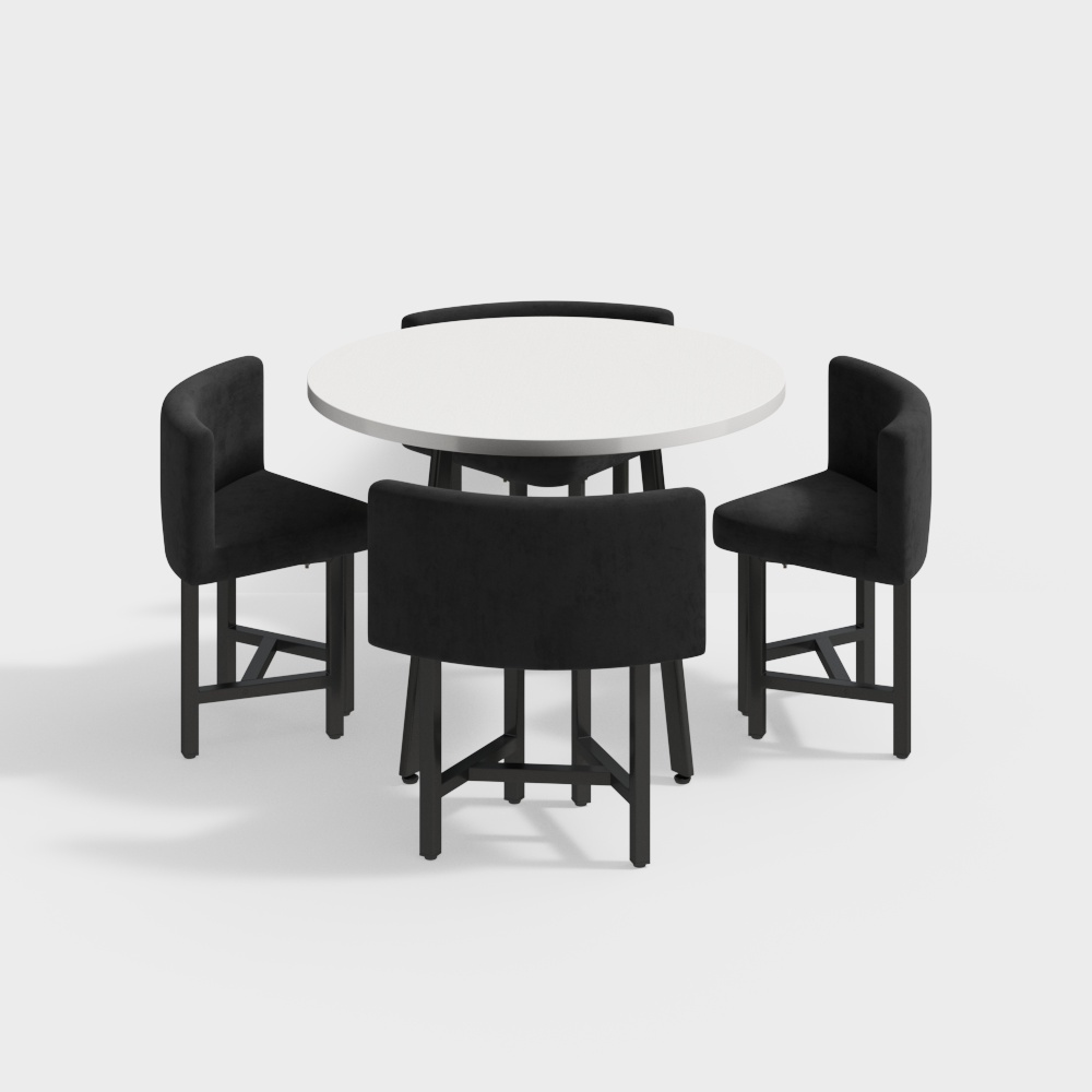 1000mm Round Wooden Small Nesting Dining Table Set for 4 Black Upholstered Chairs