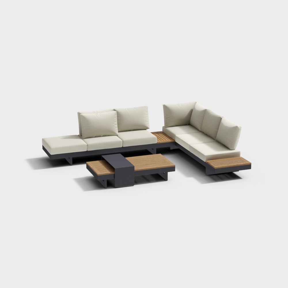 4 Pieces Modern L Shape Wood Outdoor Sectional Sofa Set with Coffee Table in Beige
