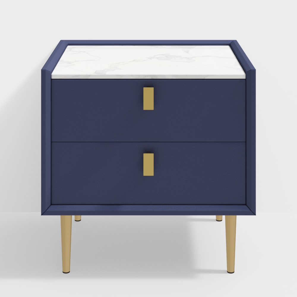 Modern Blue Nightstand 2 Drawers PU Leather Nightstand with Gold Metal Legs