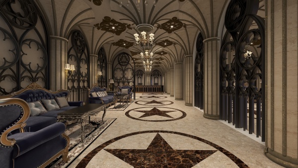 Bhumika的装修设计方案Gothic Architecture Inspired Hotel Lobby Reception