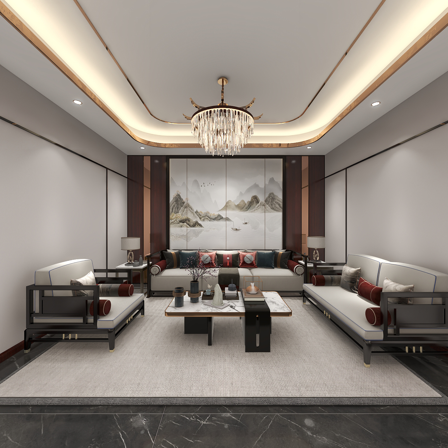 欧阳雪健-新中式别墅私享会所-KTV酒吧二层休闲厅装修效果图第3张