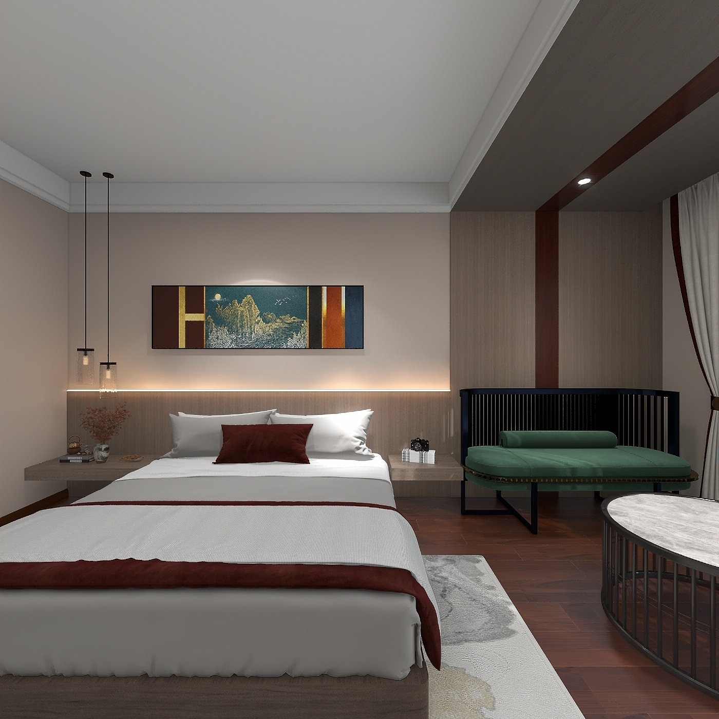 欧阳雪健-新中式别墅私享会所-KTV酒吧二层卧室1装修效果图第3张