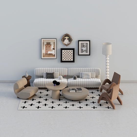 Cream Style Multi-Person Sofa Combination 3D Model