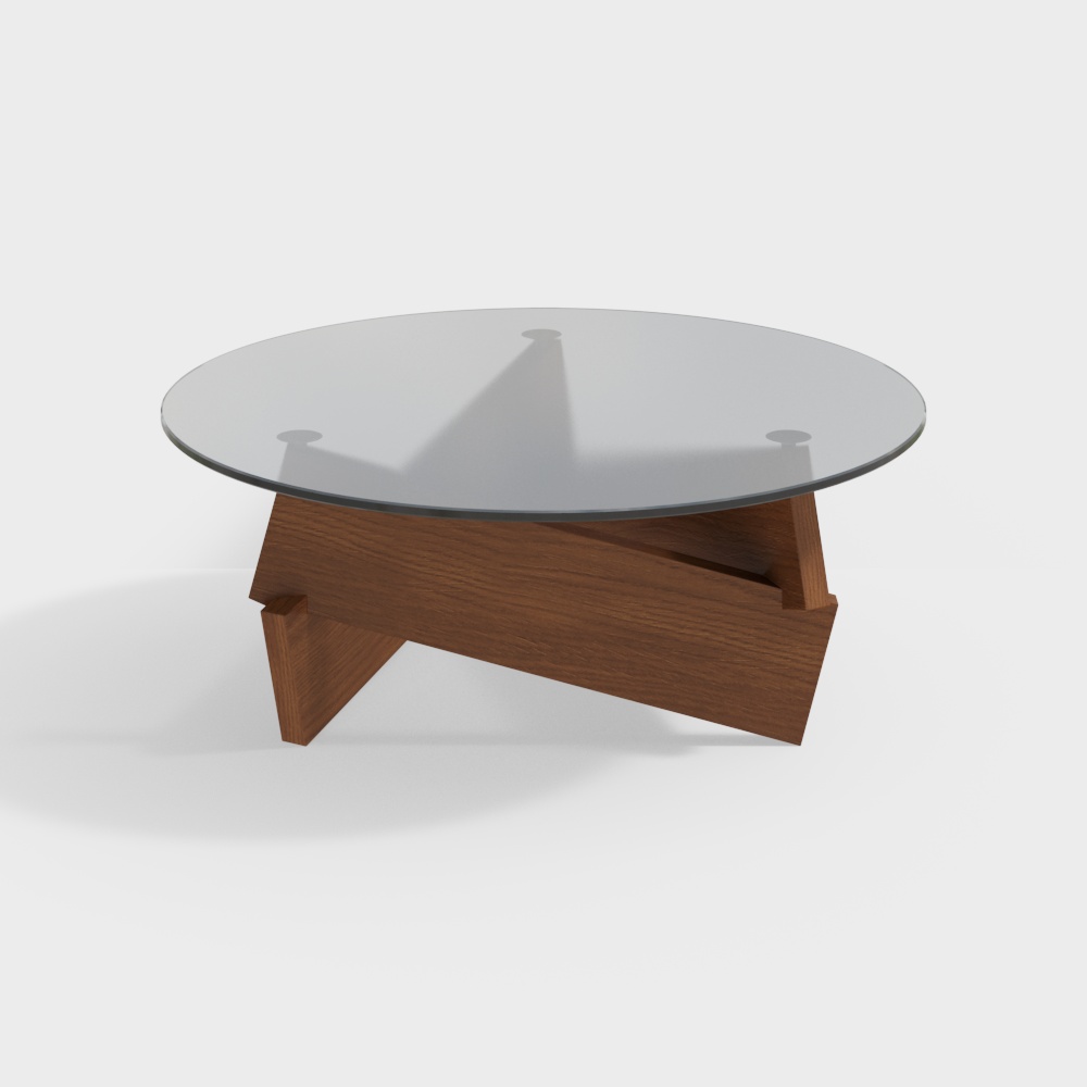 Mesa de centro redonda en negro y nogal con tapa de cristal y base geométrica de madera de pino