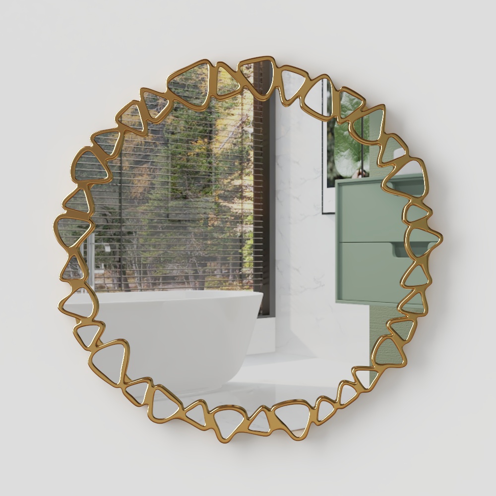 Grand miroir mural moderne en galets ronds dorés de 600 mm avec cadre géométrique pour salon