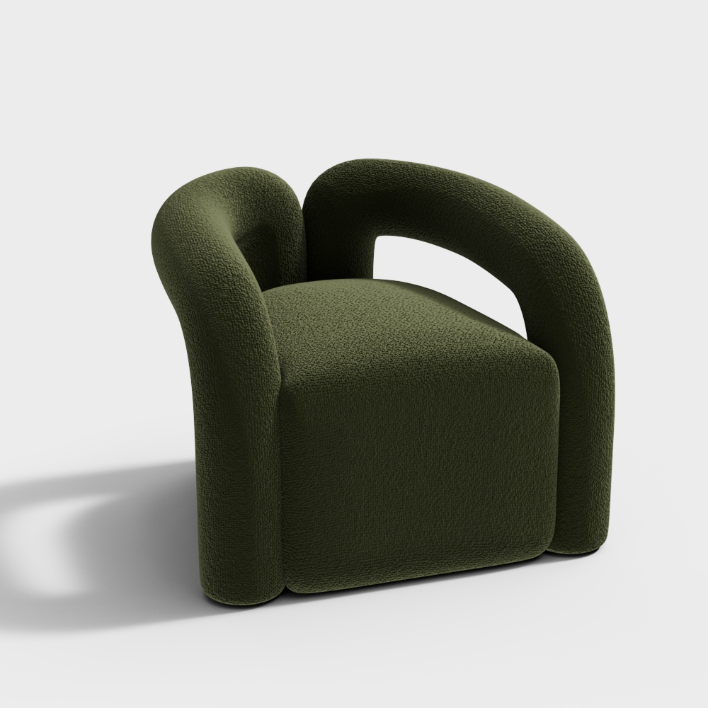 Japandi Dark Green Boucle Accent Chair Shaggy Armchair for Living Room
