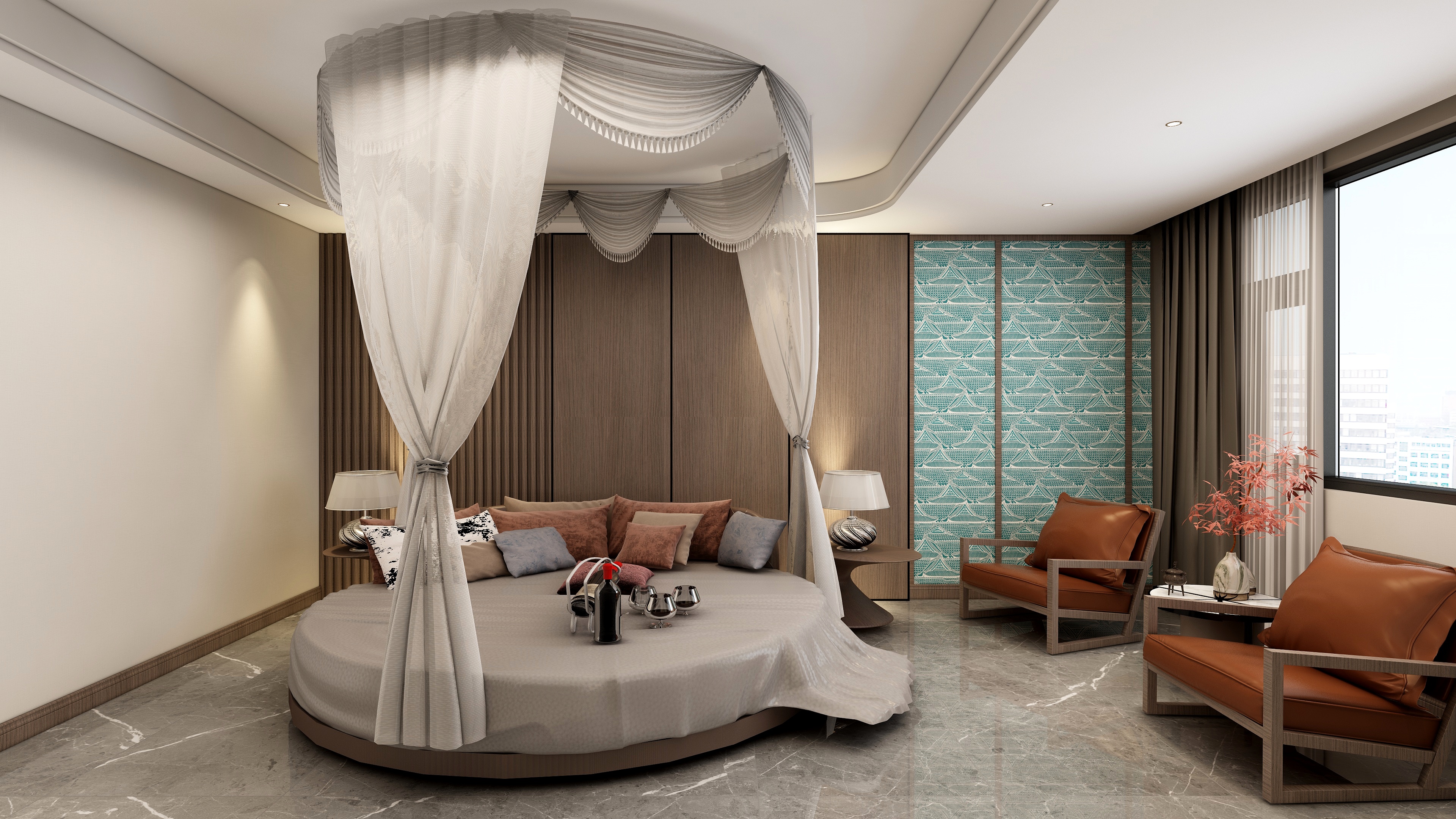 设计丨张超杰-新中式民宿·大床房（圆床）装修效果图