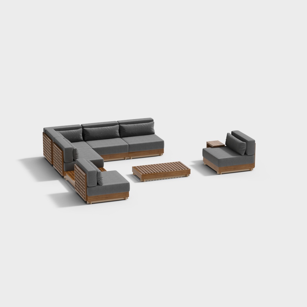 Juego de sofá seccional moderno para patio al aire libre de 9 piezas con mesa de centro de madera de teca y cojín