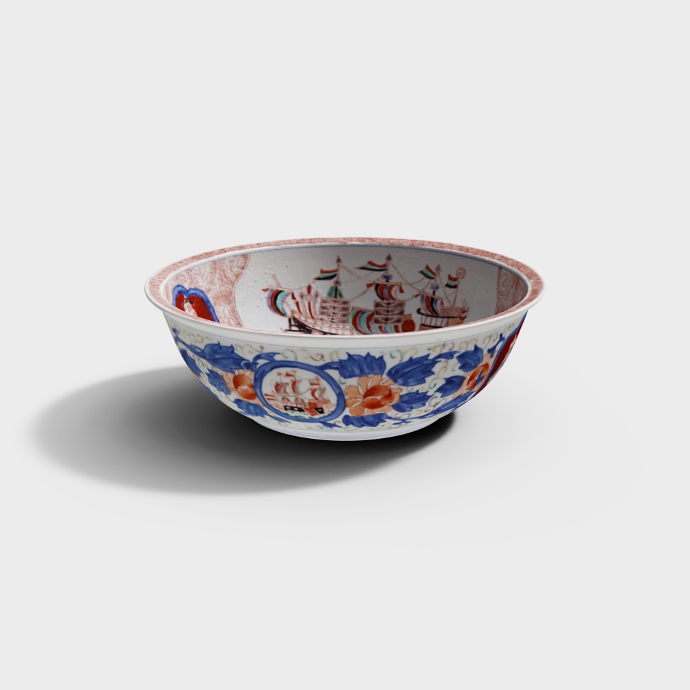 十九世纪伊万里粉彩帆船西洋人物纹瓷碗