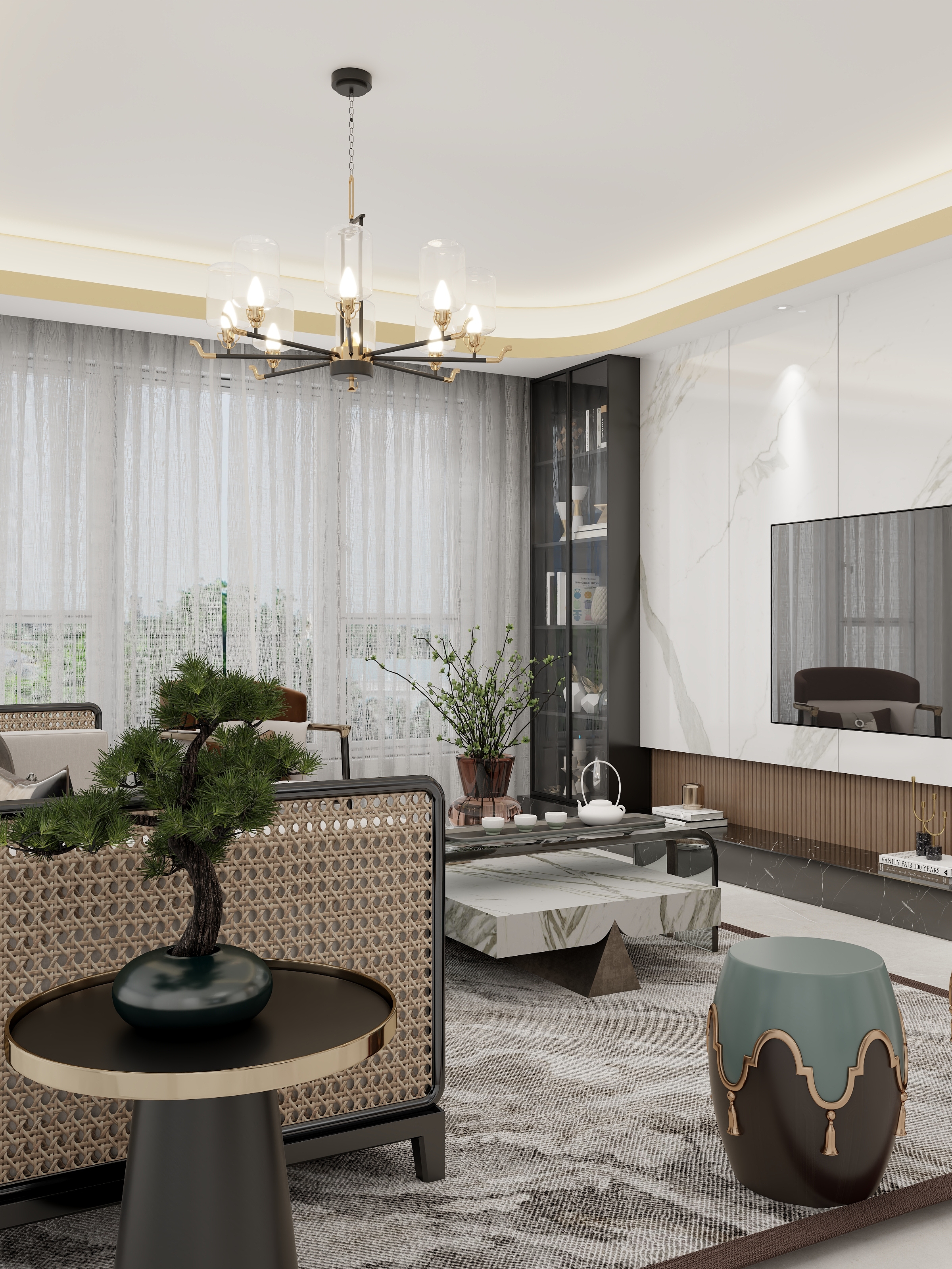 冬月DESIGN-新中式别墅客餐厅装修效果图