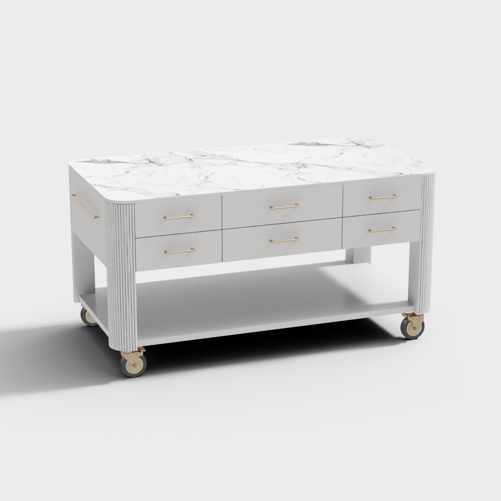 1525 mm weiße Kücheninsel mit Rädern, moderner Küchenschrank, Schubladen, Türen und Regale