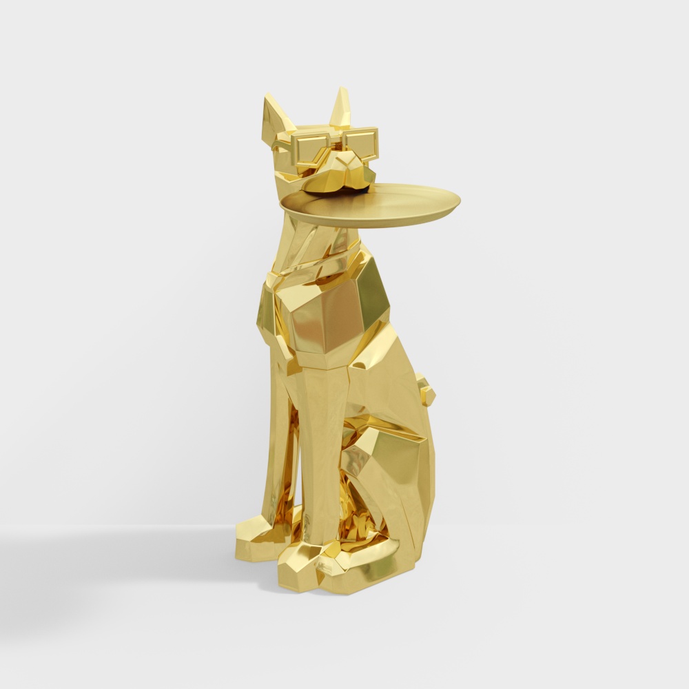 Moderne Hundeskulptur aus goldfarbenem Kunstharz, niedlicher Beistelltisch mit Aufbewahrungsschale aus Metall, Taschentuchbox