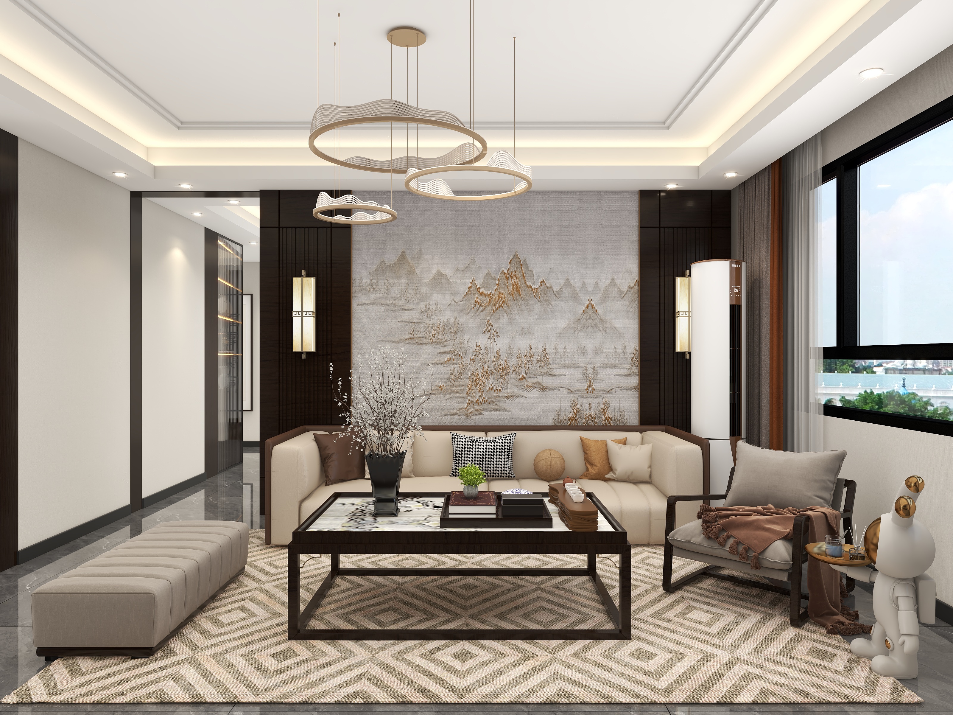 吴爽-新中式风格大平层设计 装修效果图